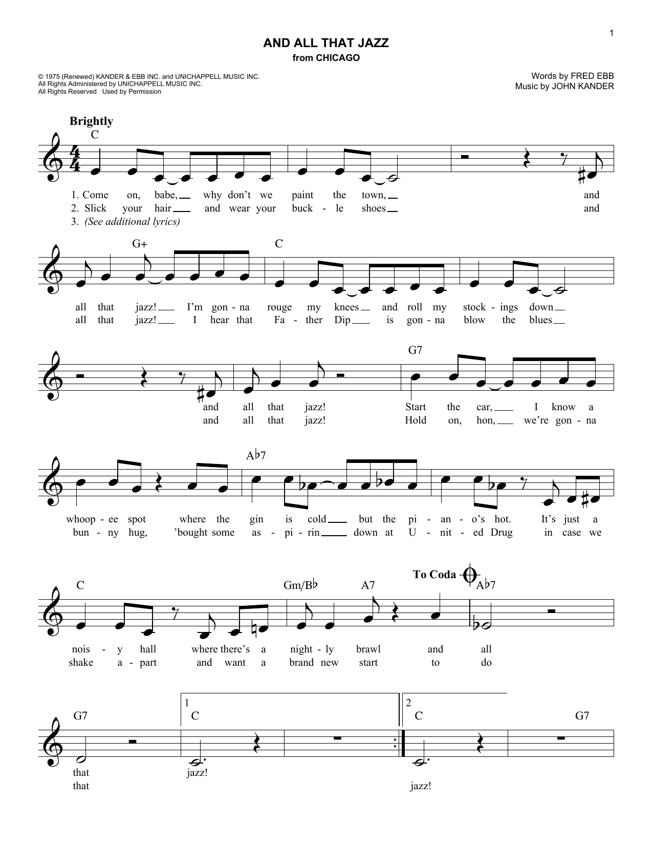 Download Fred Ebb And All That Jazz Sheet Music and learn how to play Melody Line, Lyrics & Chords PDF digital score in minutes