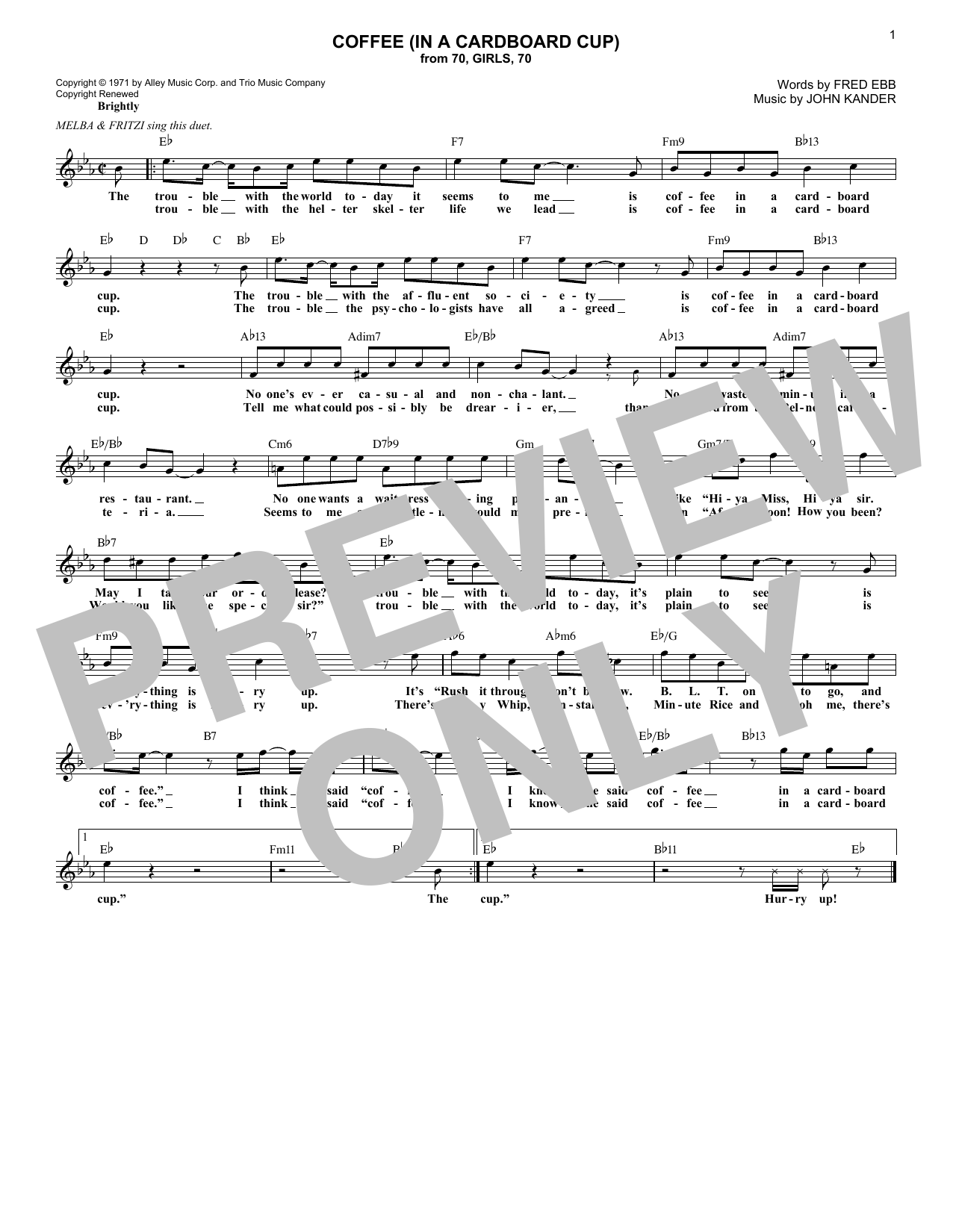 Download Fred Ebb Coffee (In A Cardboard Cup) Sheet Music and learn how to play Melody Line, Lyrics & Chords PDF digital score in minutes