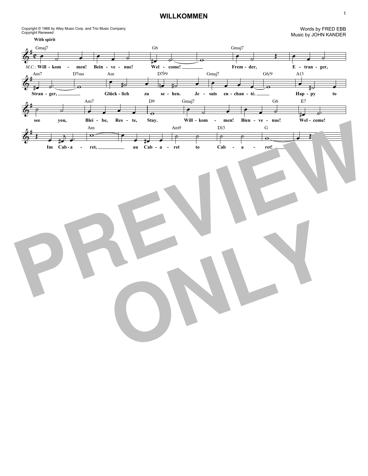 Download Fred Ebb Willkommen Sheet Music and learn how to play Melody Line, Lyrics & Chords PDF digital score in minutes