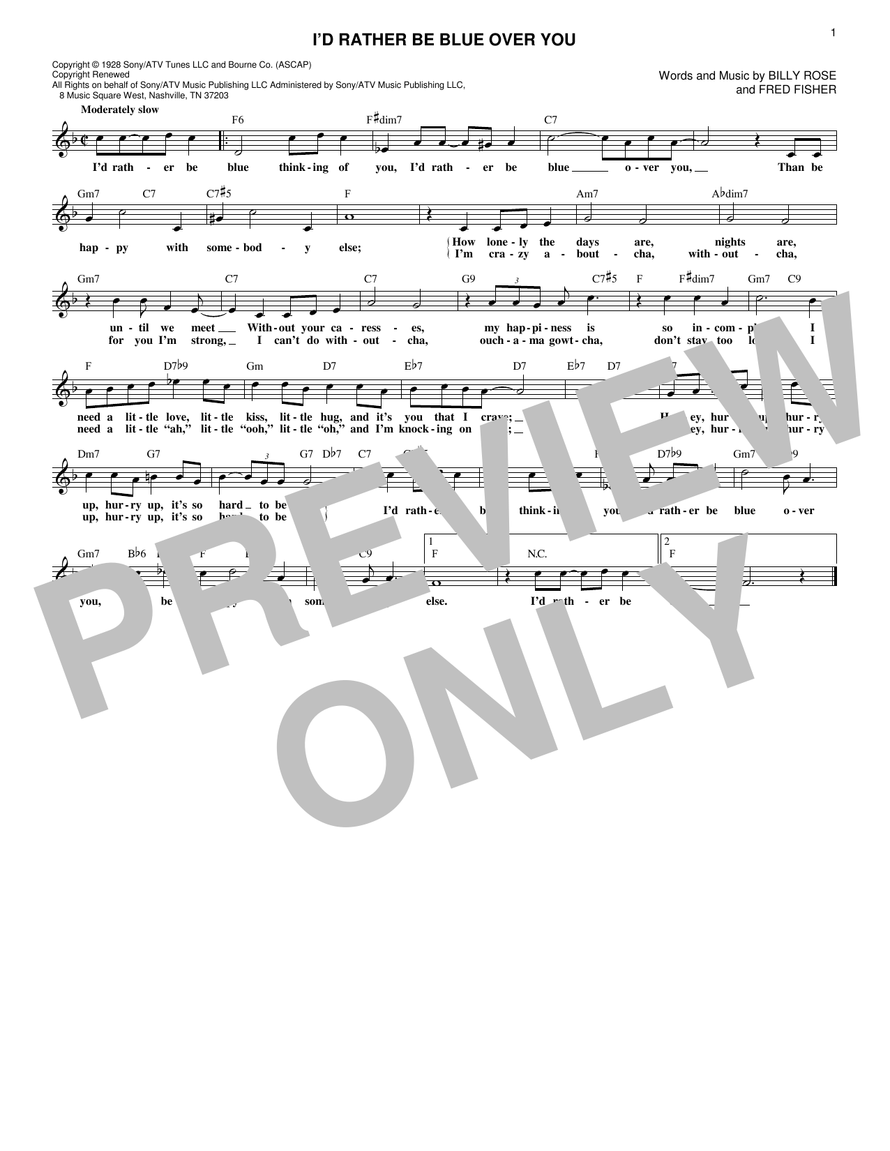 Download Fred Fisher I'd Rather Be Blue Over You Sheet Music and learn how to play Melody Line, Lyrics & Chords PDF digital score in minutes