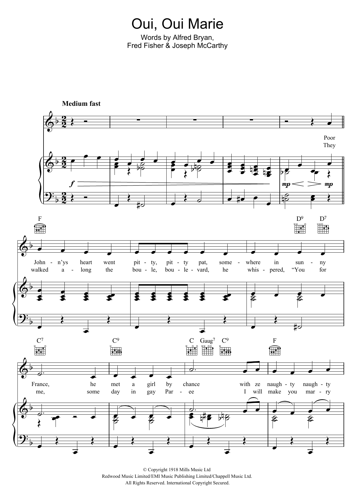 Download Fred Fisher Oui, Oui Marie Sheet Music and learn how to play Piano, Vocal & Guitar Chords PDF digital score in minutes