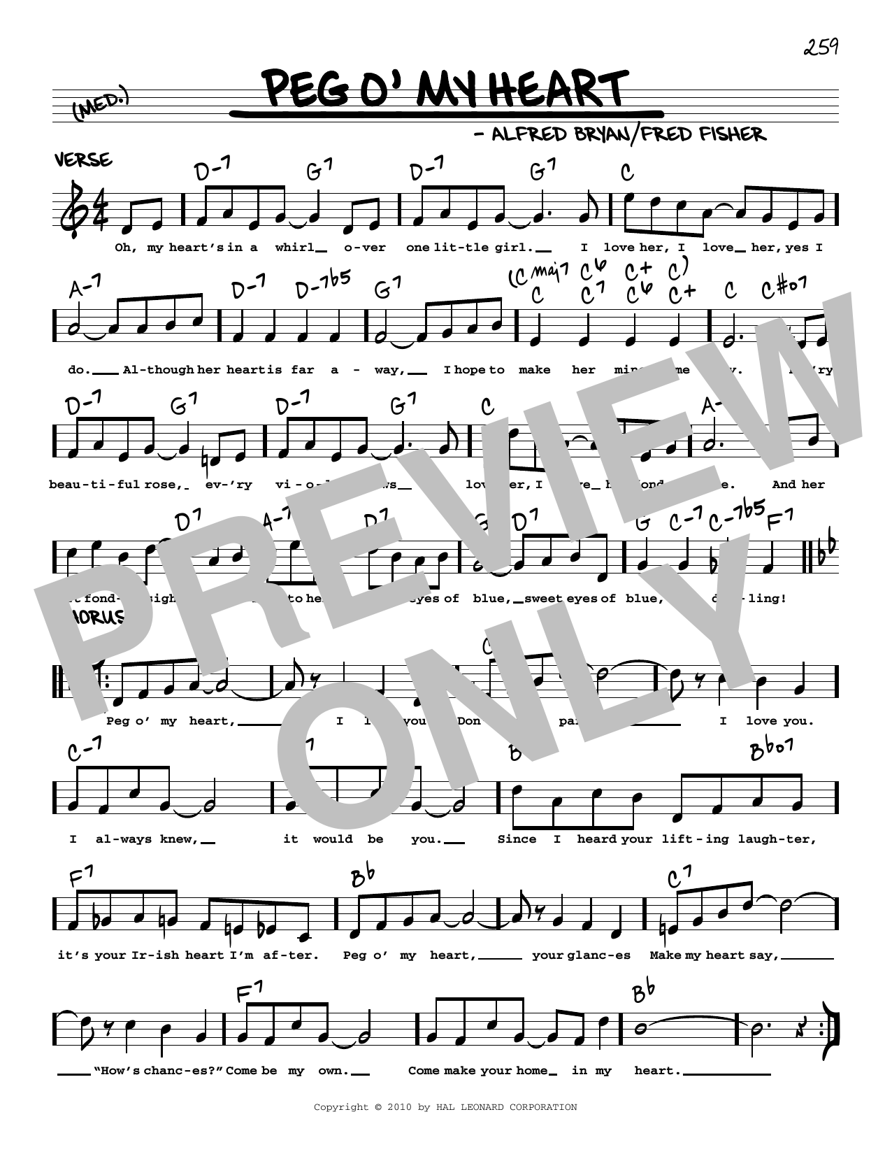 Download Fred Fisher Peg O' My Heart (arr. Robert Rawlins) Sheet Music and learn how to play Real Book – Melody, Lyrics & Chords PDF digital score in minutes