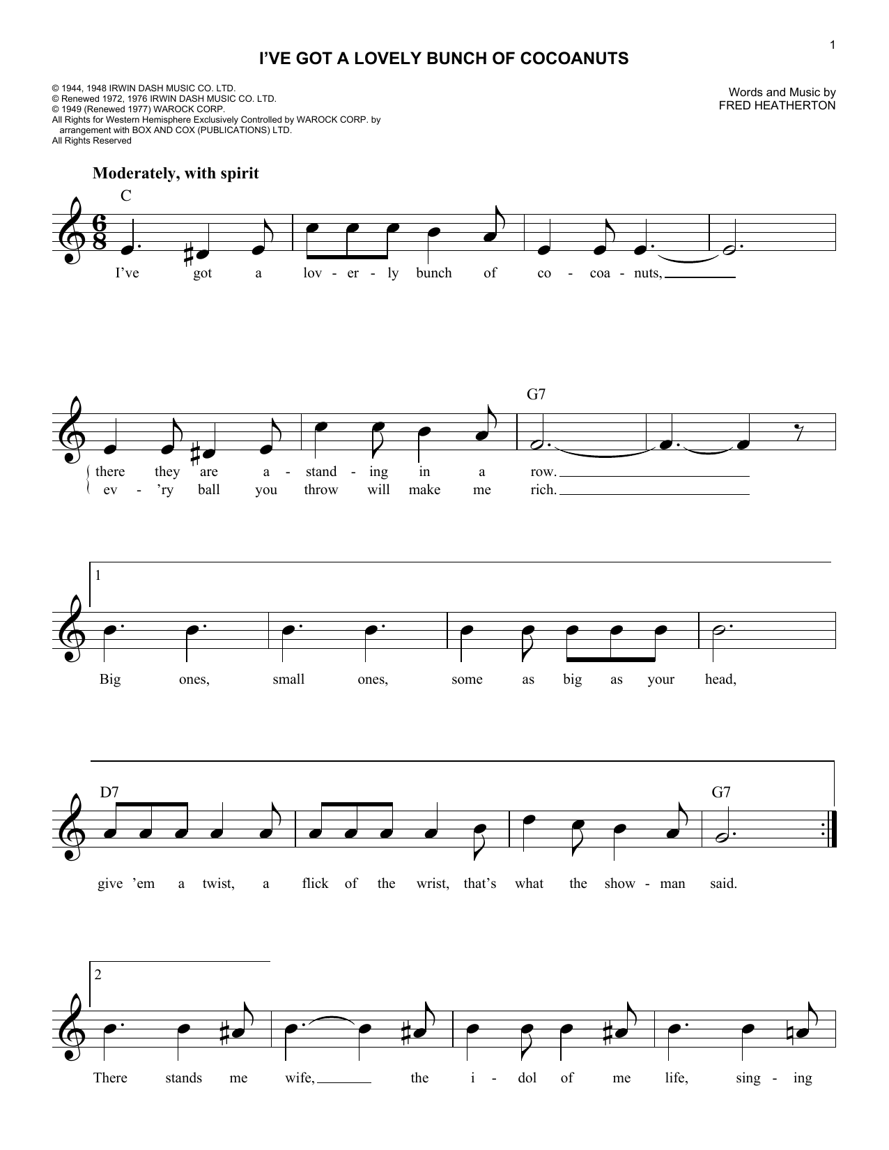 Download Fred Heatherton I've Got A Lovely Bunch Of Cocoanuts Sheet Music and learn how to play Melody Line, Lyrics & Chords PDF digital score in minutes