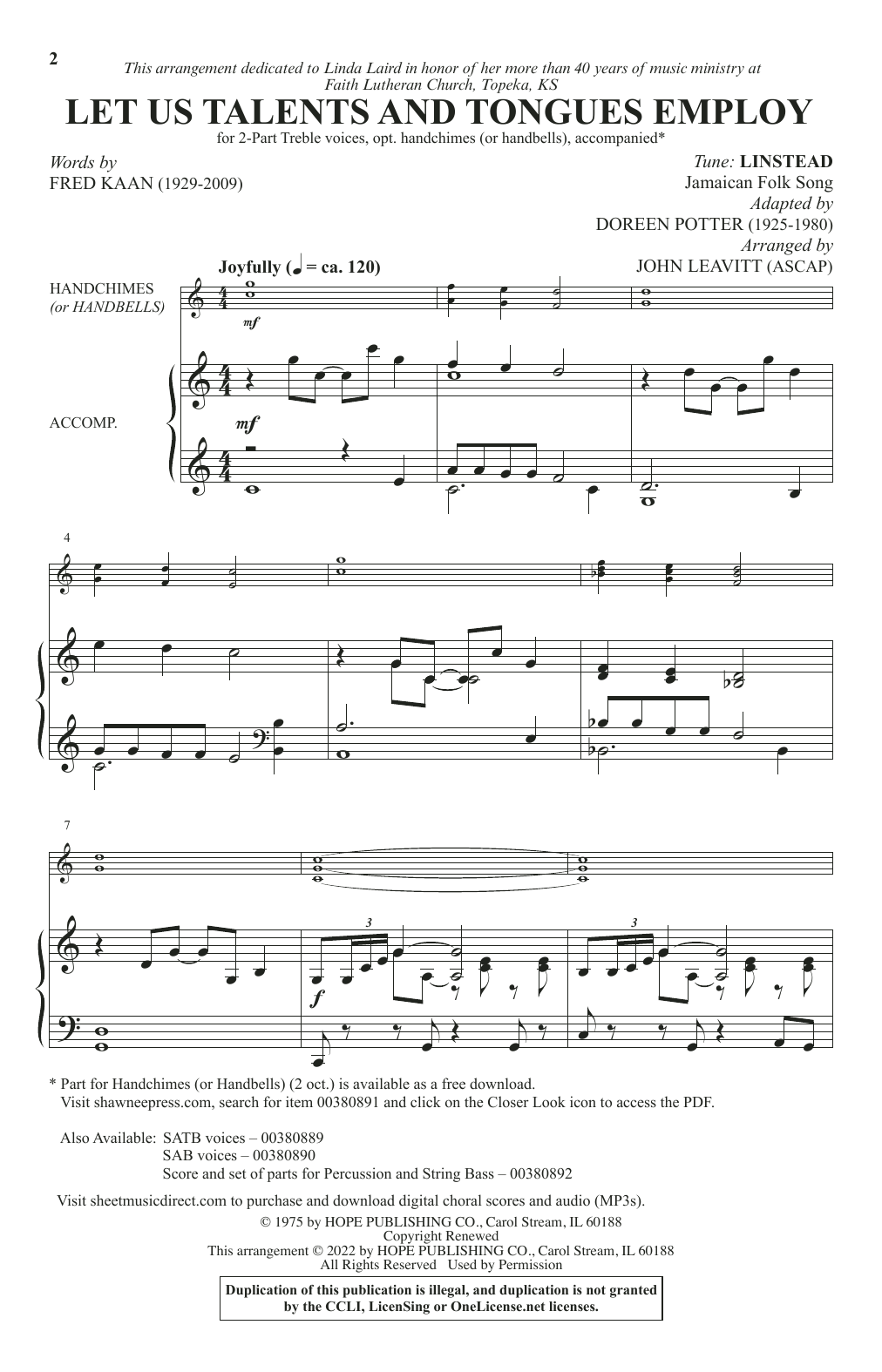 Download Fred Kaan Let Us Talents And Tongues Employ (arr. John Leavitt) Sheet Music and learn how to play SAB Choir PDF digital score in minutes