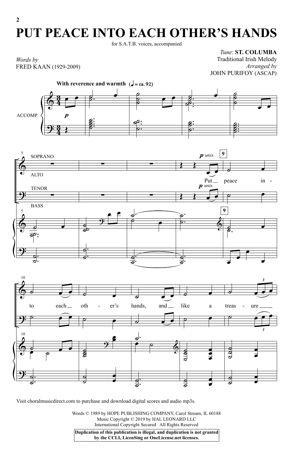 Download Fred Kaan Put Peace Into Each Other's Hands (arr. John Purifoy) Sheet Music and learn how to play SATB Choir PDF digital score in minutes