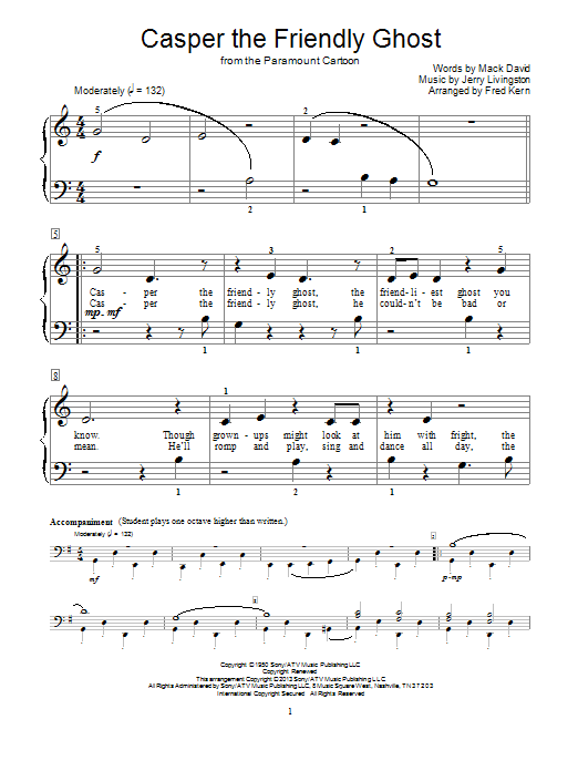 Download Fred Kern Casper The Friendly Ghost Sheet Music and learn how to play Easy Piano PDF digital score in minutes