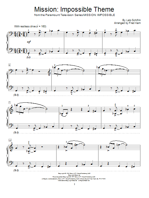 Download Fred Kern Mission: Impossible Theme Sheet Music and learn how to play Easy Piano PDF digital score in minutes