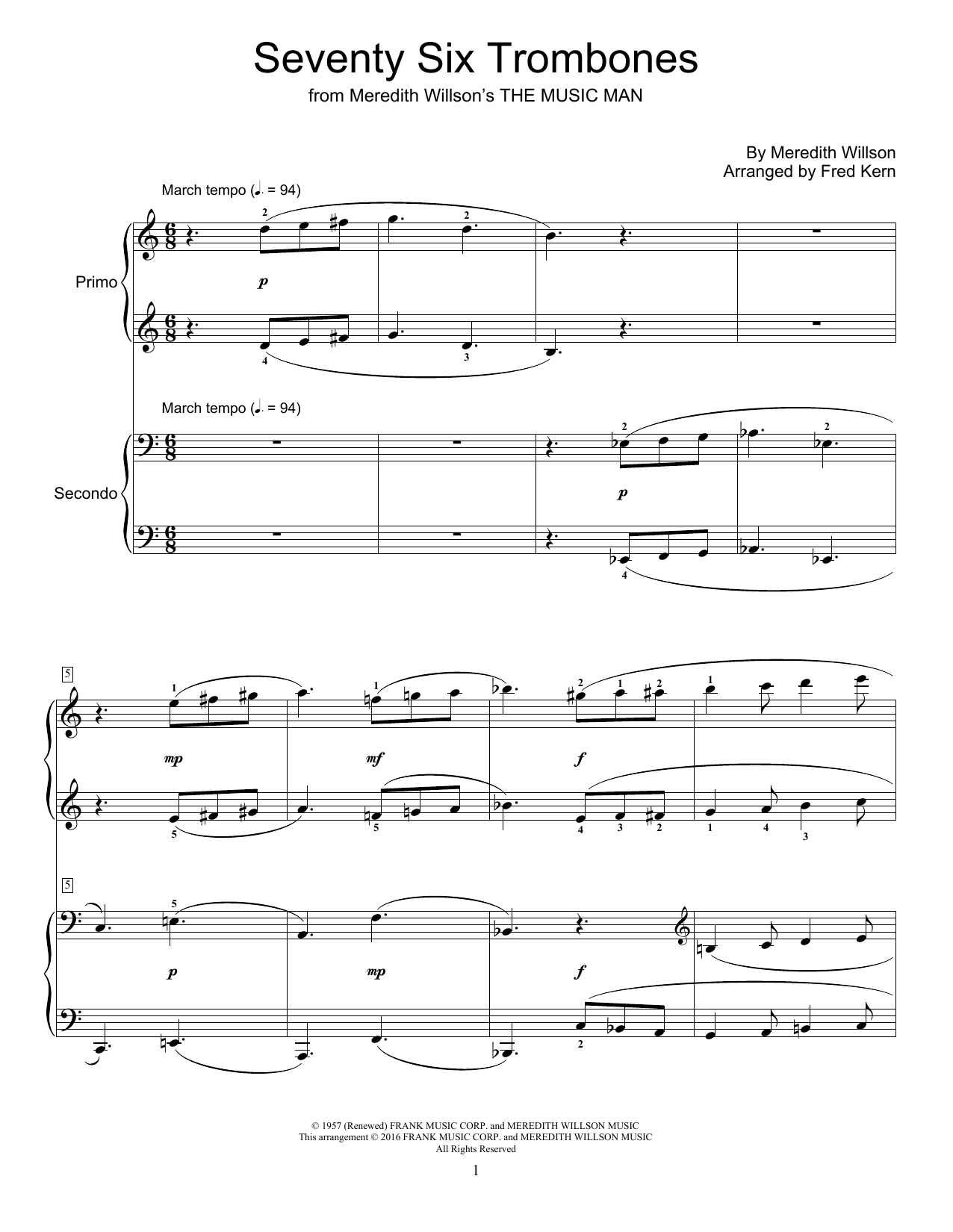 Download Fred Kern Seventy Six Trombones Sheet Music and learn how to play Piano Duet PDF digital score in minutes