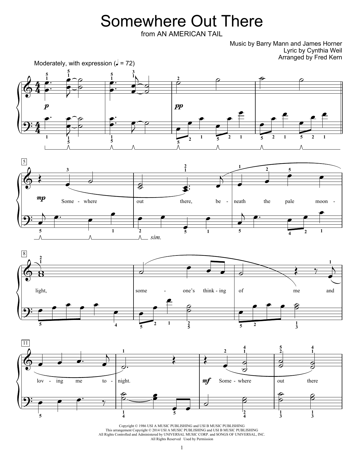 Download Fred Kern Somewhere Out There Sheet Music and learn how to play Easy Piano PDF digital score in minutes