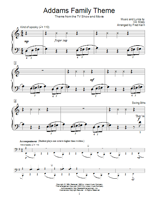 Download Fred Kern Addams Family Theme Sheet Music and learn how to play Easy Piano PDF digital score in minutes