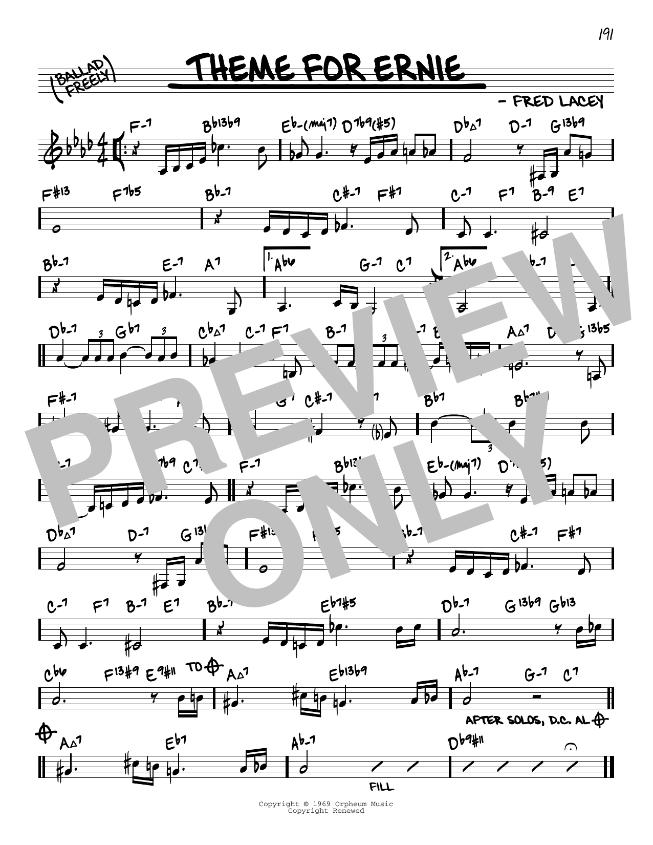 Download Fred Lacey Theme For Ernie (arr. David Hazeltine) Sheet Music and learn how to play Real Book – Enhanced Chords PDF digital score in minutes