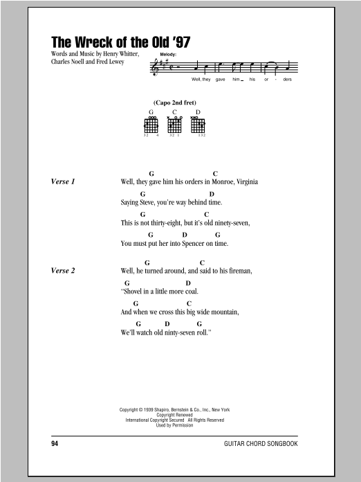 Download Fred Lewey The Wreck Of The Old '97 Sheet Music and learn how to play Guitar Chords/Lyrics PDF digital score in minutes