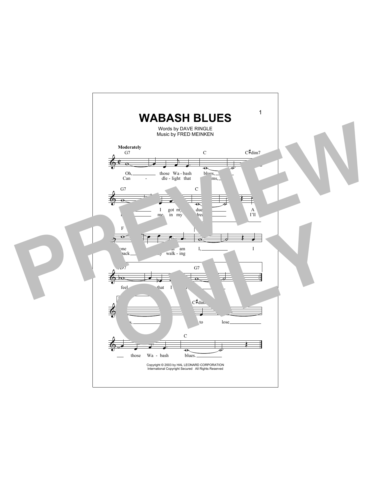 Download Fred Meinken Wabash Blues Sheet Music and learn how to play Melody Line, Lyrics & Chords PDF digital score in minutes