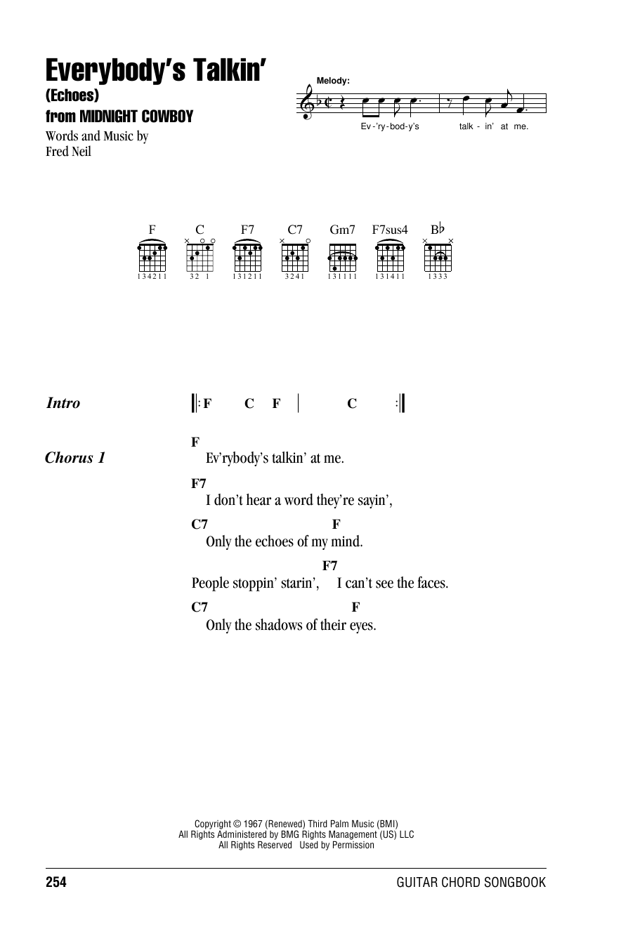 Download Fred Neil Everybody's Talkin' (Echoes) Sheet Music and learn how to play Lyrics & Chords PDF digital score in minutes