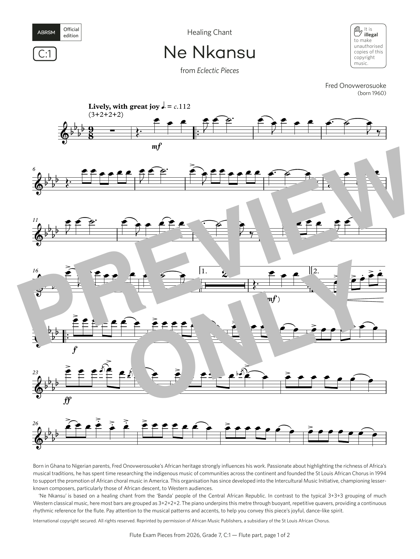 Download Fred Onovwerosuoke Ne Nkansu (Grade 7, list C1, from the ABRSM Flute Syllabus from 2026) Sheet Music and learn how to play Flute Solo PDF digital score in minutes
