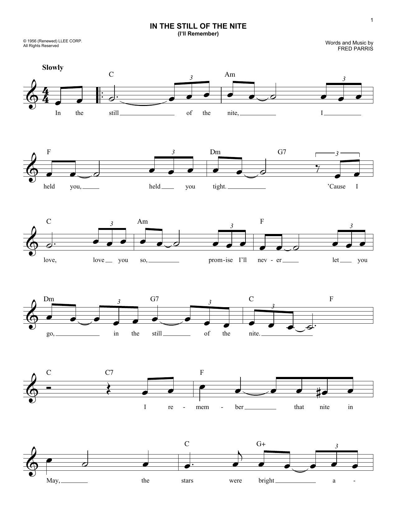 Download Fred Parris In The Still Of The Nite (I'll Remember) Sheet Music and learn how to play Melody Line, Lyrics & Chords PDF digital score in minutes