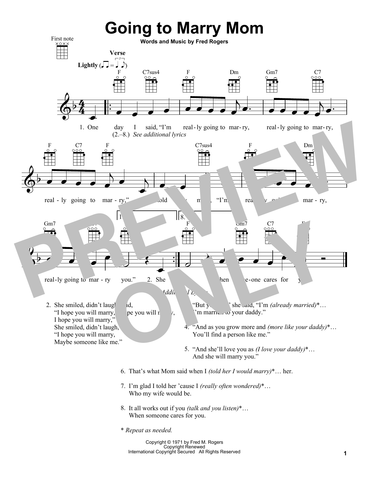 Download Fred Rogers Going To Marry Mom (from Mister Rogers' Neighborhood) Sheet Music and learn how to play Ukulele PDF digital score in minutes