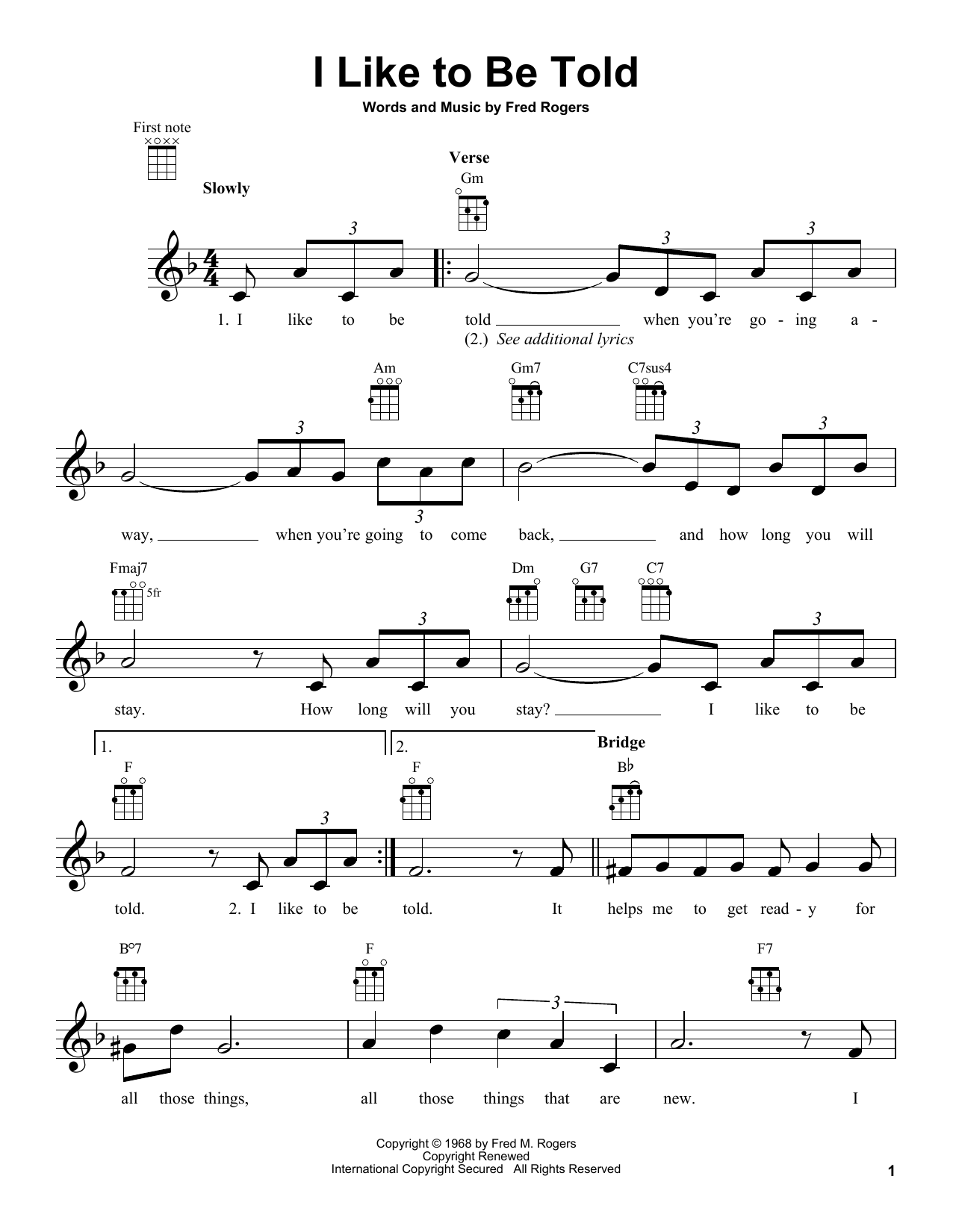 Download Fred Rogers I Like To Be Told (from Mister Rogers' Neighborhood) Sheet Music and learn how to play Ukulele PDF digital score in minutes