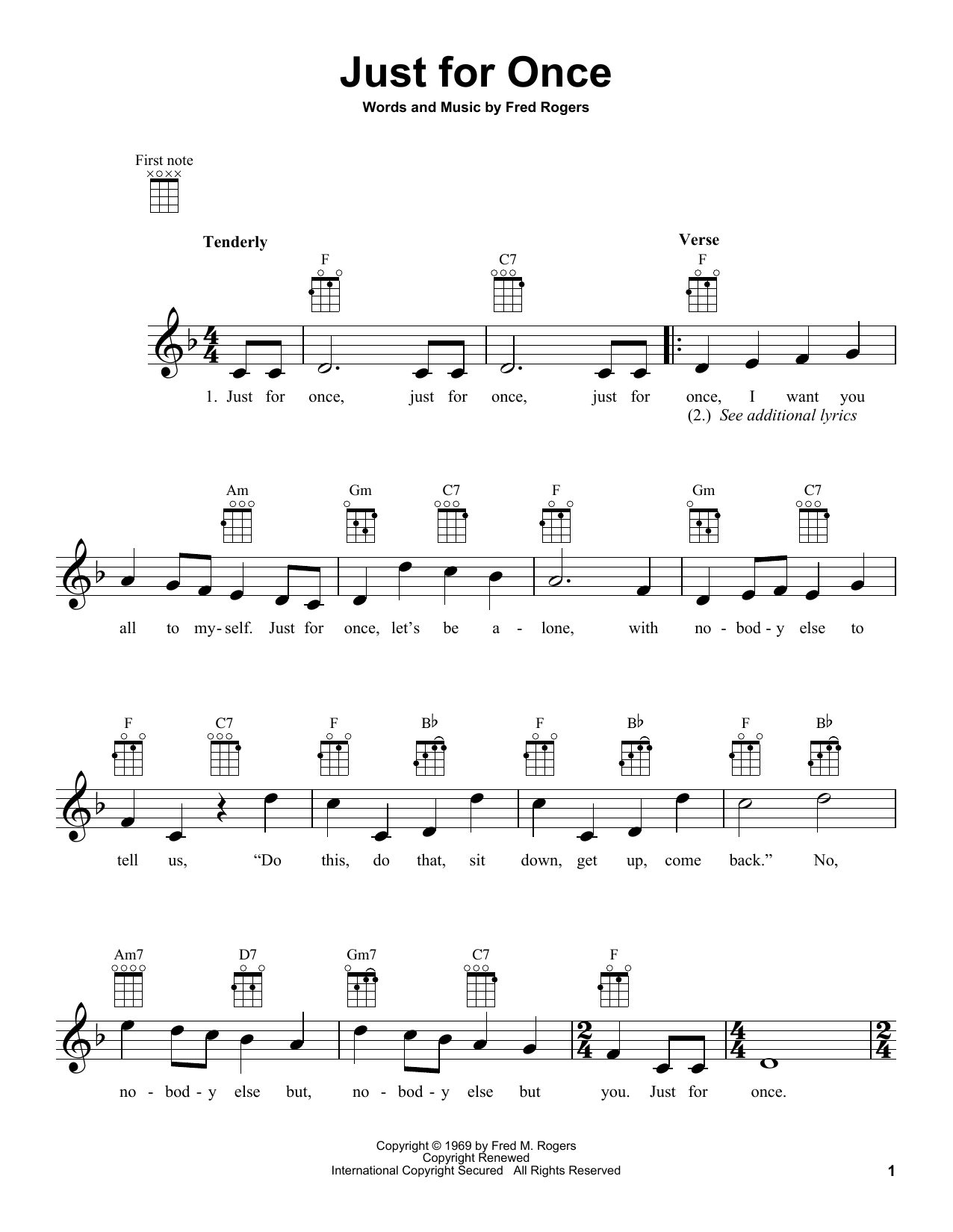 Download Fred Rogers Just For Once (from Mister Rogers' Neighborhood) Sheet Music and learn how to play Ukulele PDF digital score in minutes