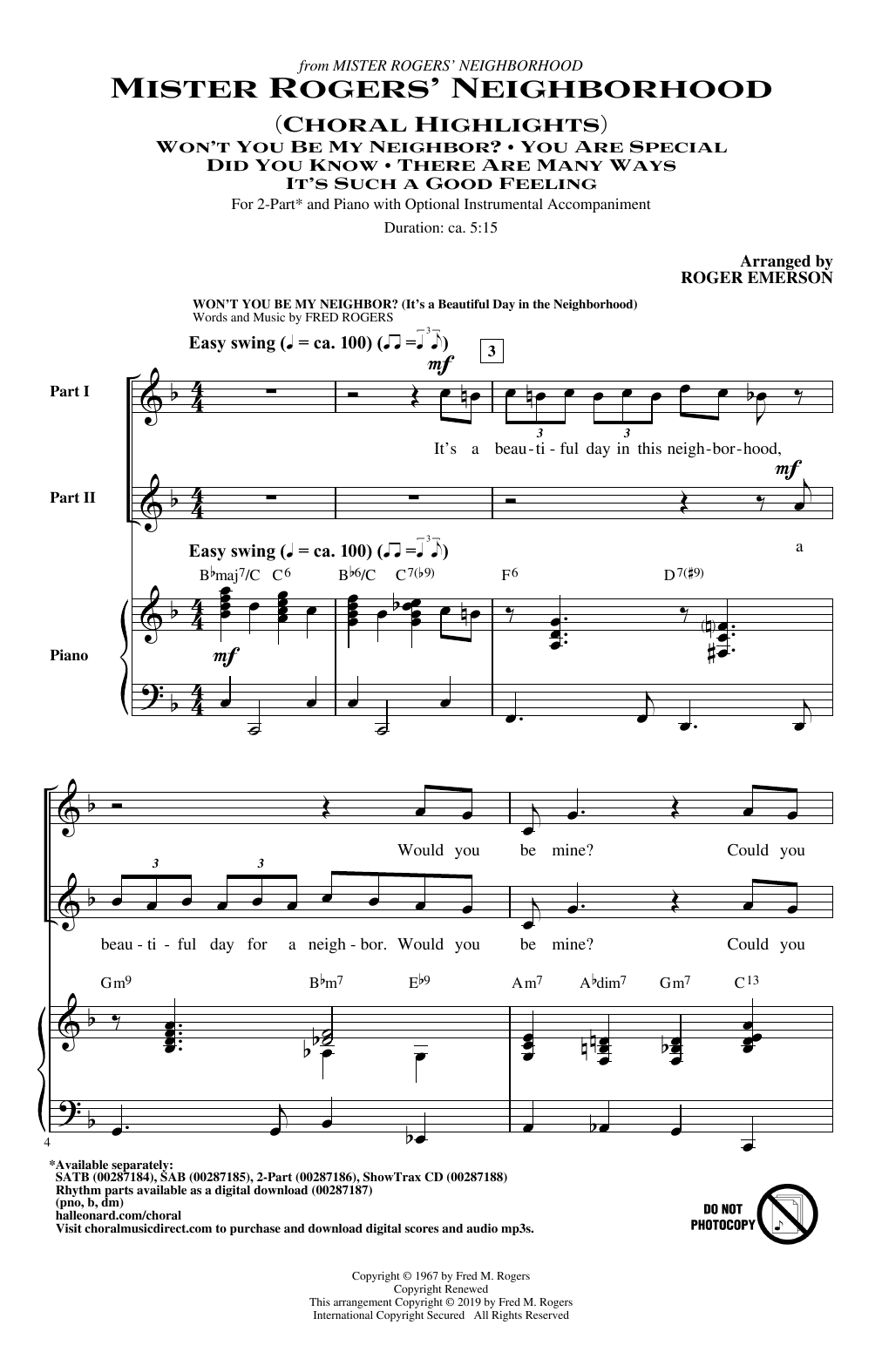 Download Fred Rogers Mister Rogers' Neighborhood (Choral Highlights) (arr. Roger Emerson) Sheet Music and learn how to play SAB Choir PDF digital score in minutes