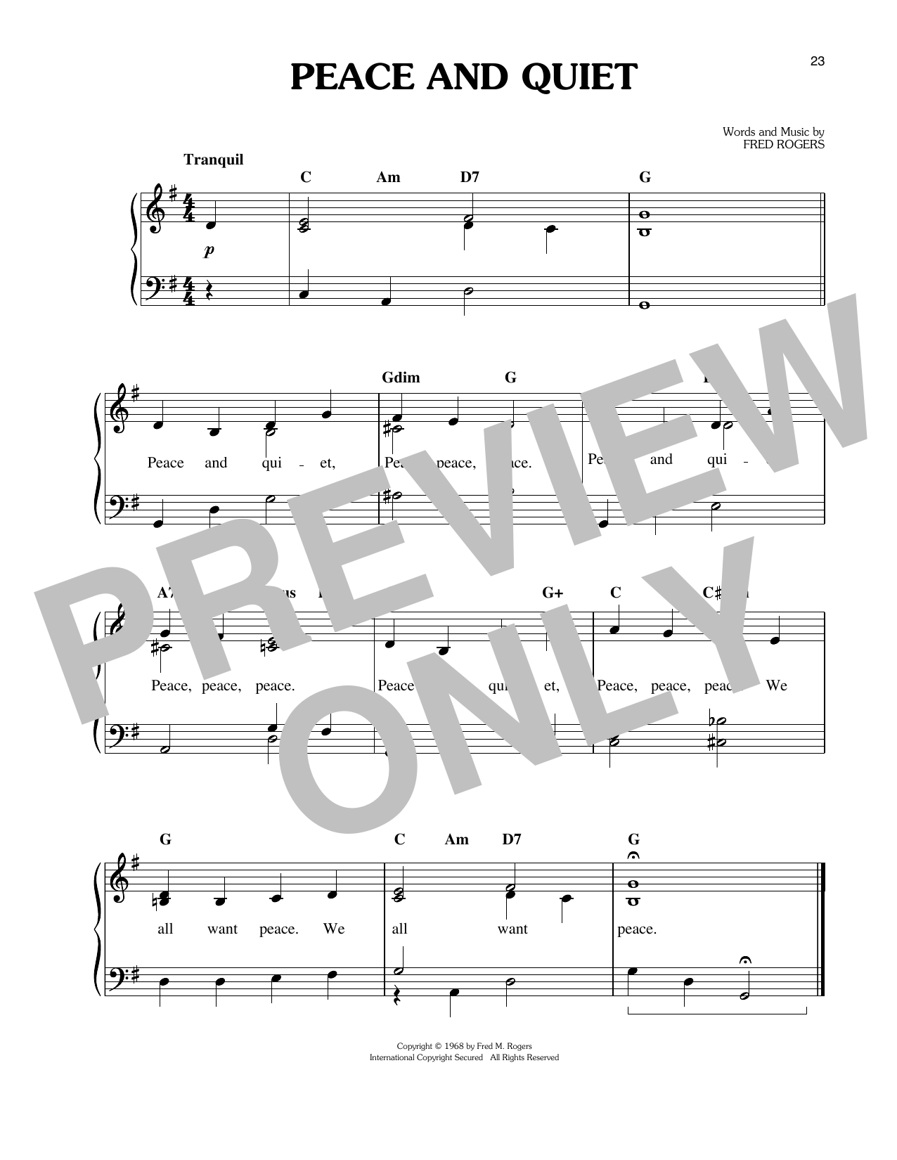 Download Fred Rogers Peace And Quiet Sheet Music and learn how to play Easy Piano PDF digital score in minutes