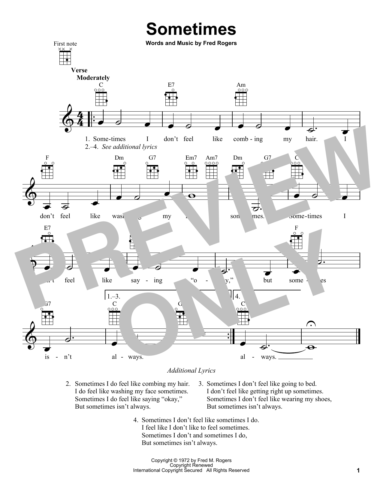 Download Fred Rogers Sometimes (from Mister Rogers' Neighborhood) Sheet Music and learn how to play Ukulele PDF digital score in minutes