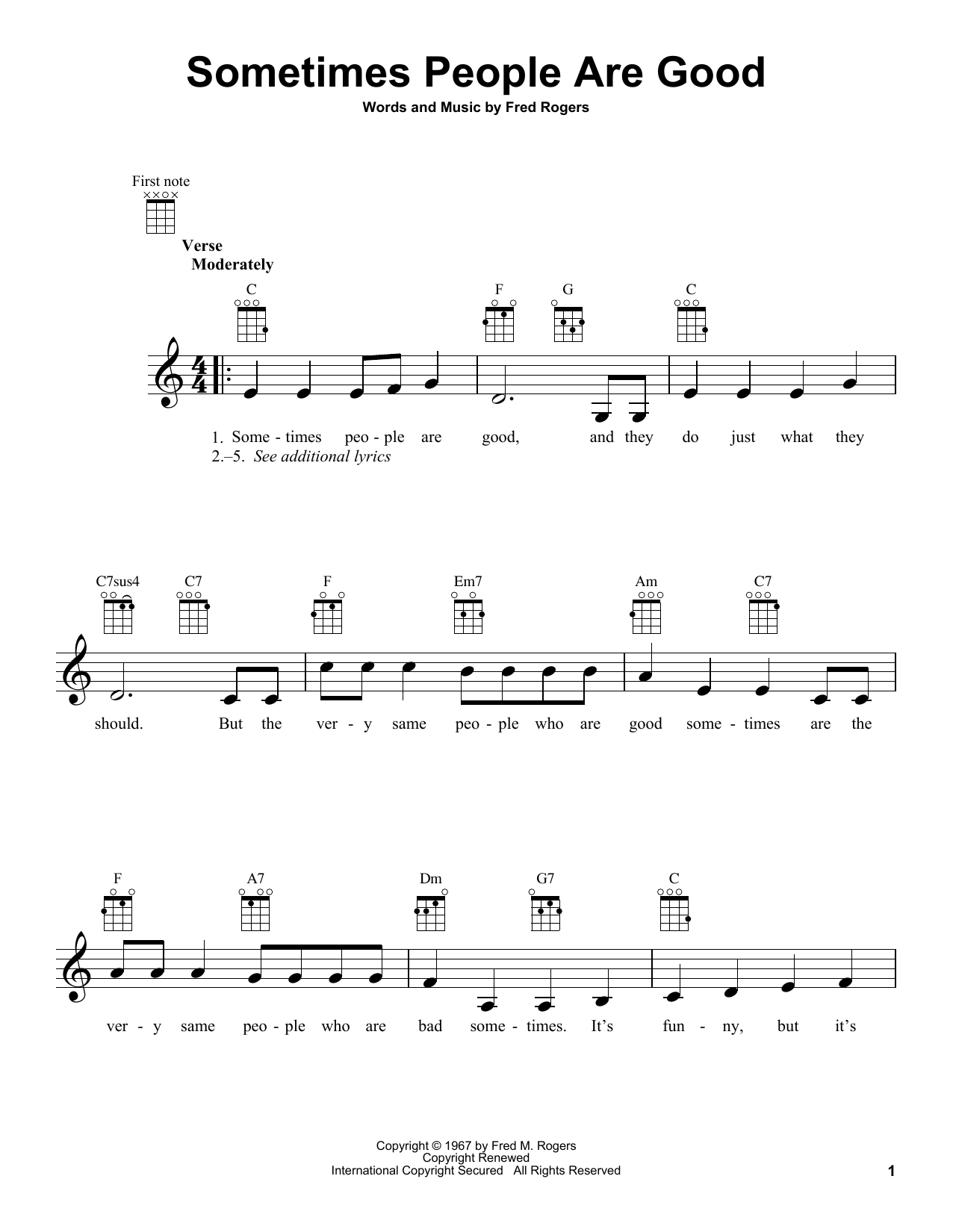 Download Fred Rogers Sometimes People Are Good (from Mister Rogers' Neighborhood) Sheet Music and learn how to play Ukulele PDF digital score in minutes