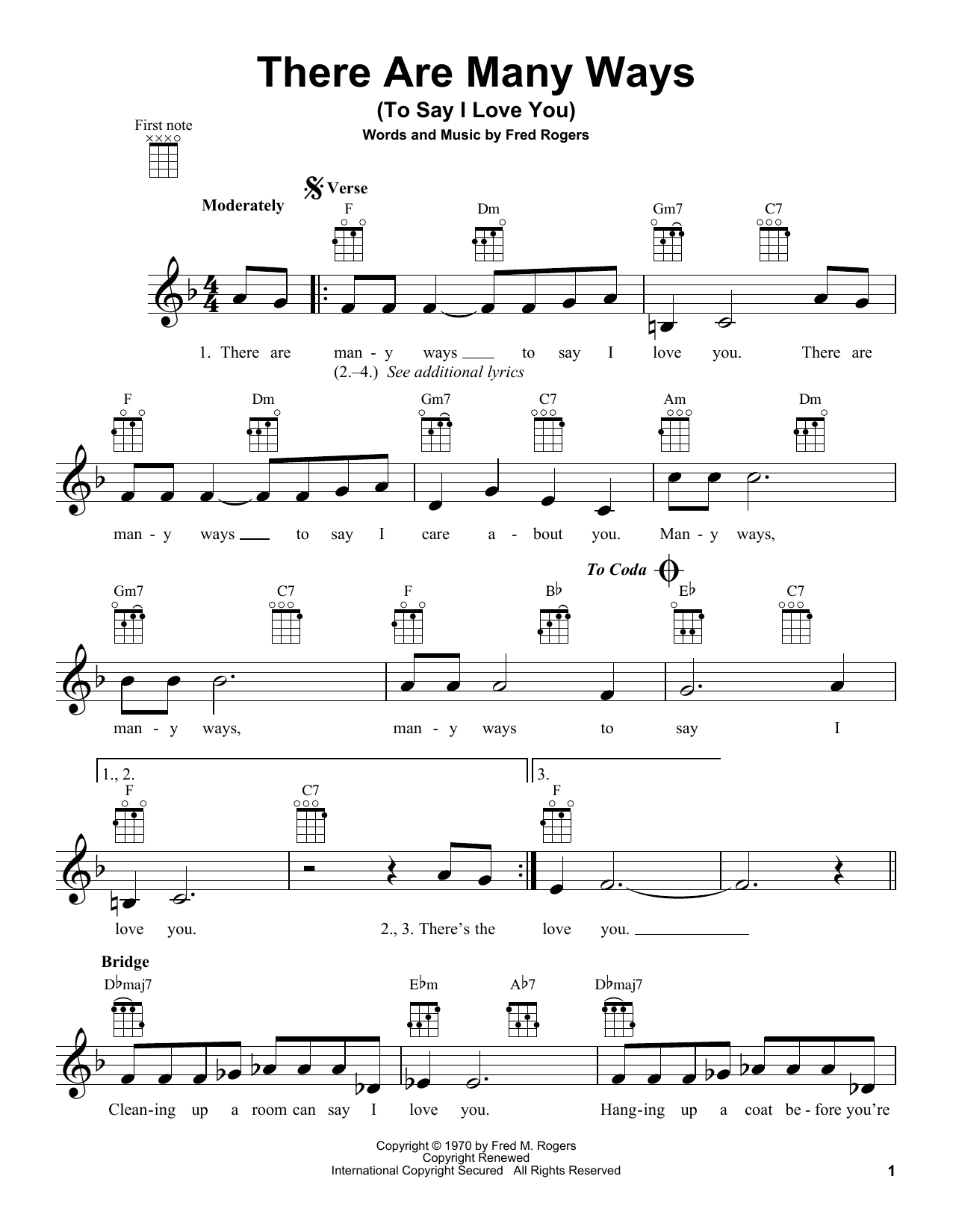 Download Fred Rogers There Are Many Ways (To Say I Love You) (from Mister Rogers' Neighborhood) Sheet Music and learn how to play Ukulele PDF digital score in minutes