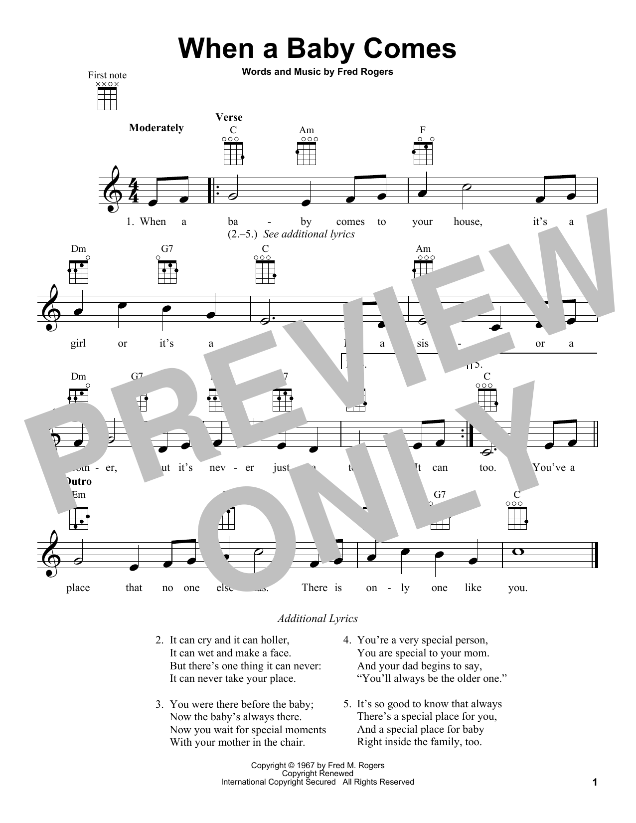 Download Fred Rogers When A Baby Comes (from Mister Rogers' Neighborhood) Sheet Music and learn how to play Ukulele PDF digital score in minutes
