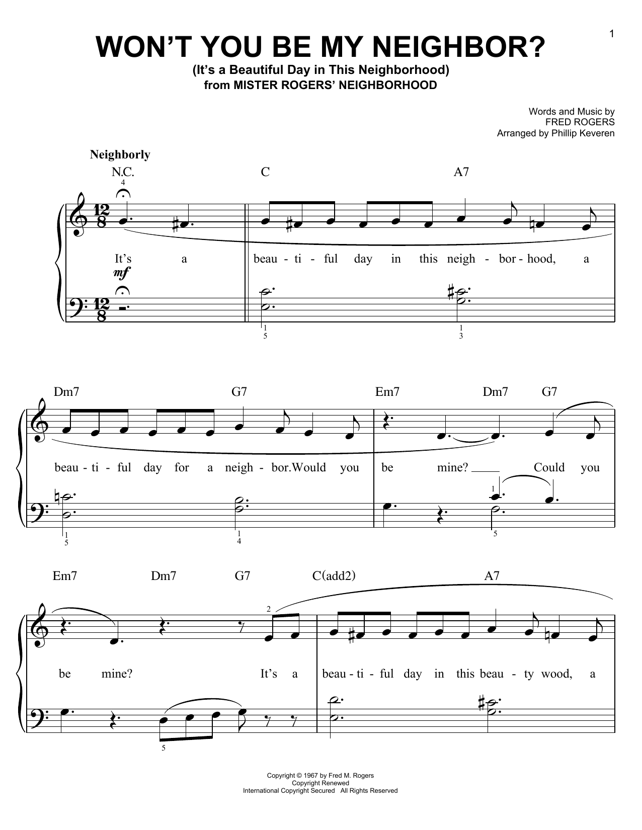 Download Fred Rogers Won't You Be My Neighbor? (It's A Beautiful Day In The Neighborhood) (arr. Phill Sheet Music and learn how to play Easy Piano PDF digital score in minutes