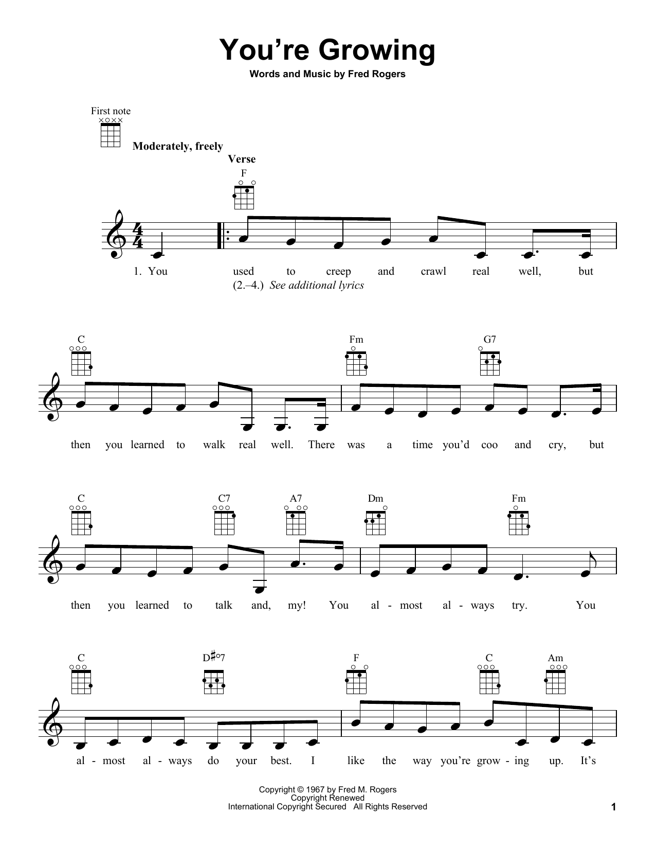 Download Fred Rogers You're Growing (from Mister Rogers' Neighborhood) Sheet Music and learn how to play Ukulele PDF digital score in minutes