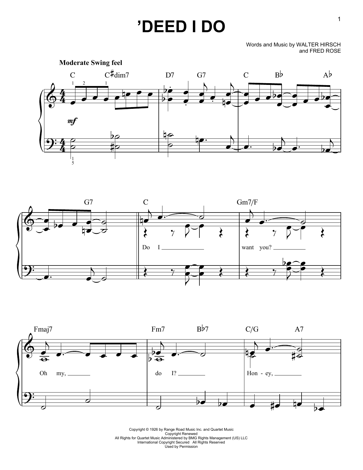 Download Fred Rose 'Deed I Do Sheet Music and learn how to play Easy Piano PDF digital score in minutes
