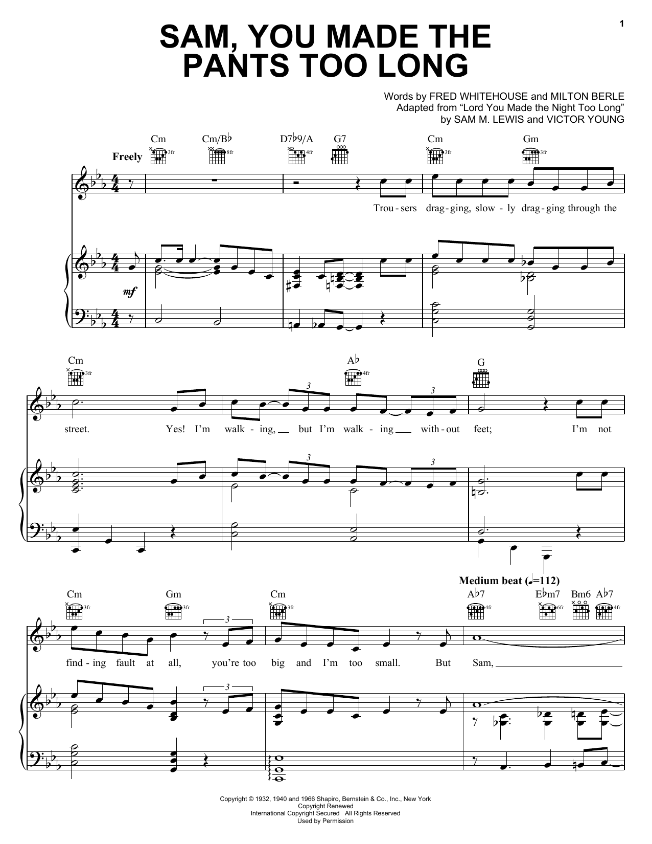 Download Fred Whitehouse Sam, You Made The Pants Too Long Sheet Music and learn how to play Piano, Vocal & Guitar (Right-Hand Melody) PDF digital score in minutes