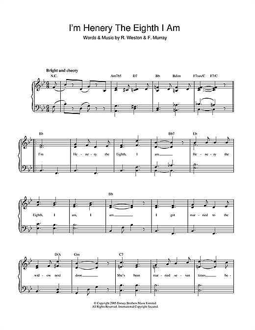 Download Fred Murray I'm Henery The Eighth I Am Sheet Music and learn how to play Piano & Vocal PDF digital score in minutes