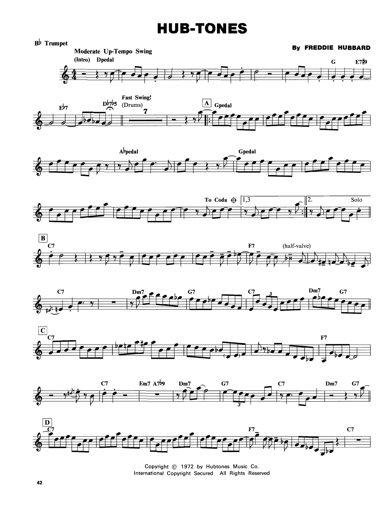 Download Freddie Hubbard Hub-Tones Sheet Music and learn how to play Trumpet Transcription PDF digital score in minutes