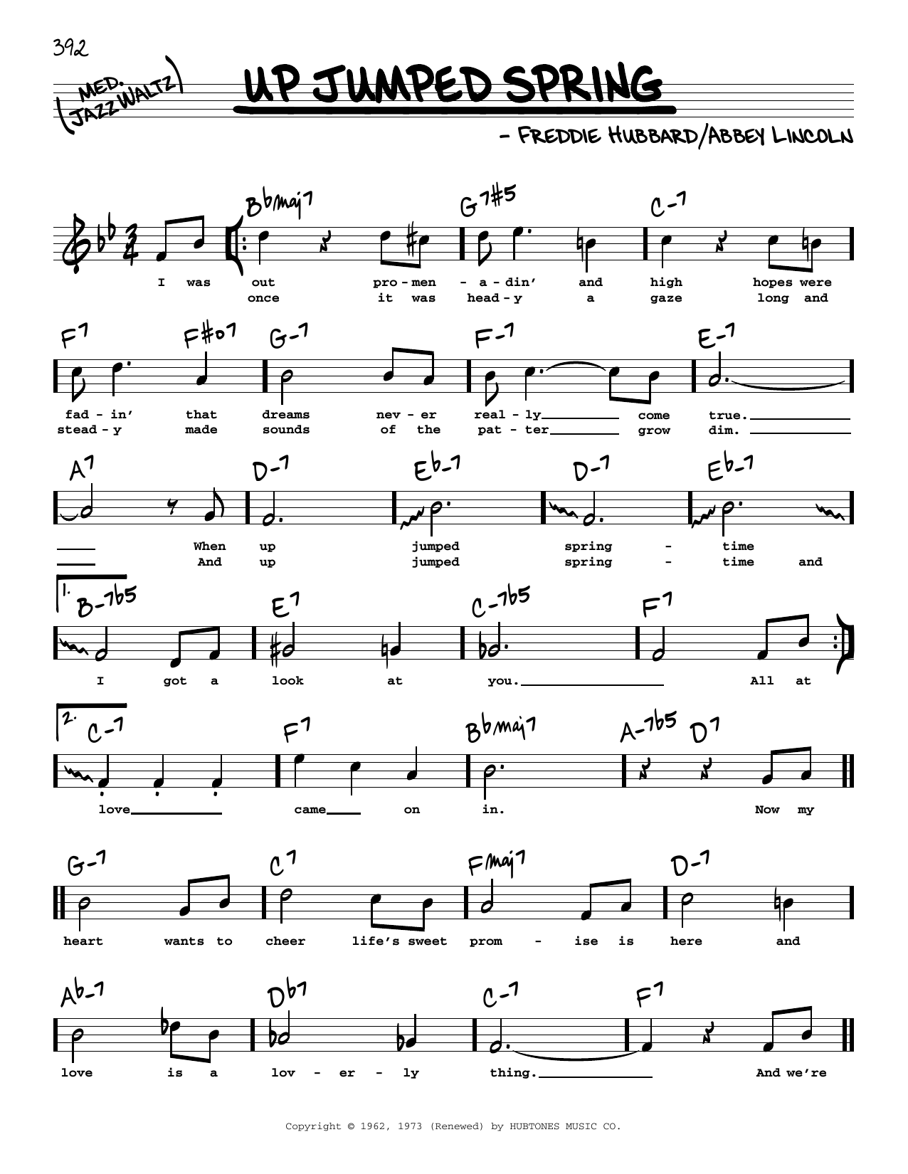 Download Freddie Hubbard Up Jumped Spring (High Voice) Sheet Music and learn how to play Real Book – Melody, Lyrics & Chords PDF digital score in minutes