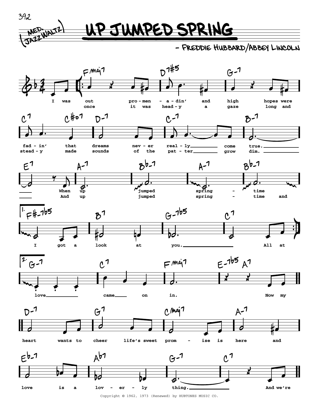 Download Freddie Hubbard Up Jumped Spring (Low Voice) Sheet Music and learn how to play Real Book – Melody, Lyrics & Chords PDF digital score in minutes