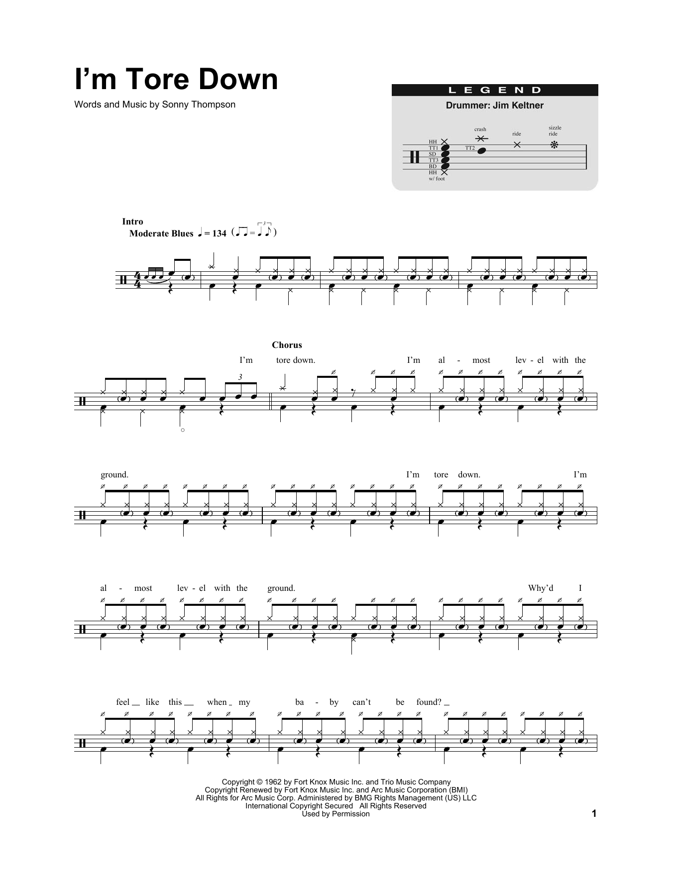 Download Freddie King I'm Tore Down Sheet Music and learn how to play Drums Transcription PDF digital score in minutes