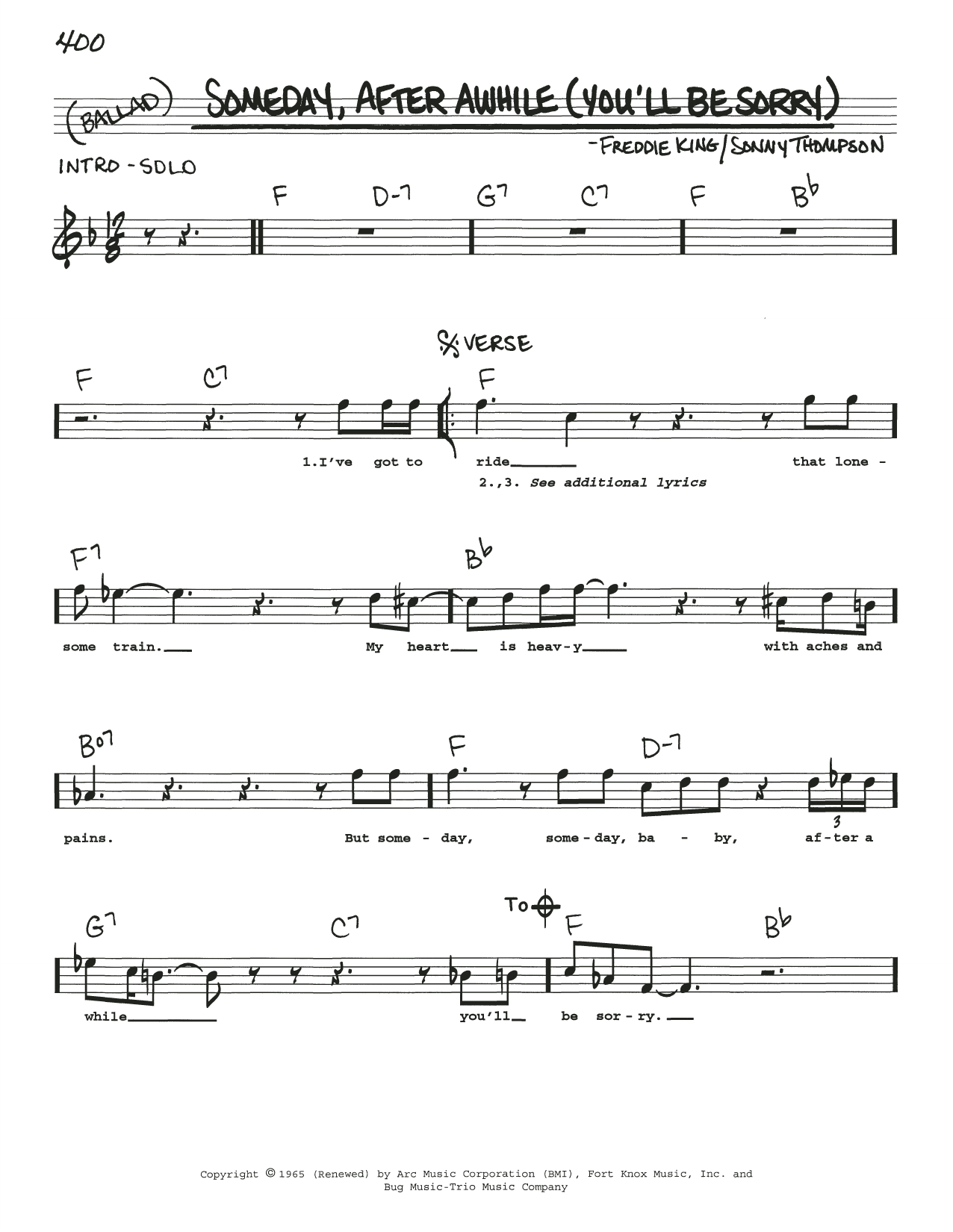 Download Freddie King Someday, After Awhile (You'll Be Sorry) Sheet Music and learn how to play Real Book – Melody, Lyrics & Chords PDF digital score in minutes
