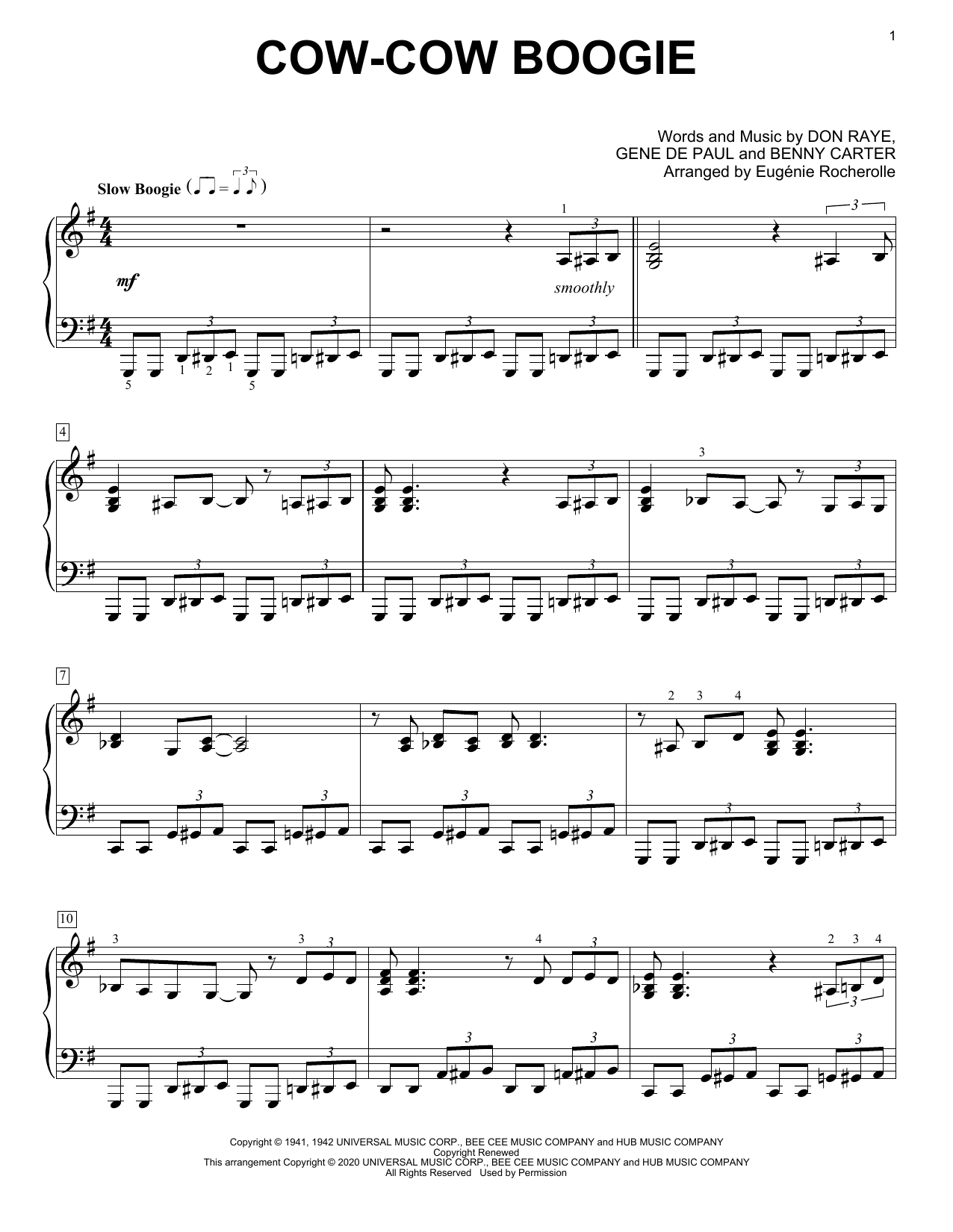 Download Freddie Slack & His Orchestra Cow-Cow Boogie [Boogie-woogie version] (arr. Eugénie Rocherolle) Sheet Music and learn how to play Piano Solo PDF digital score in minutes