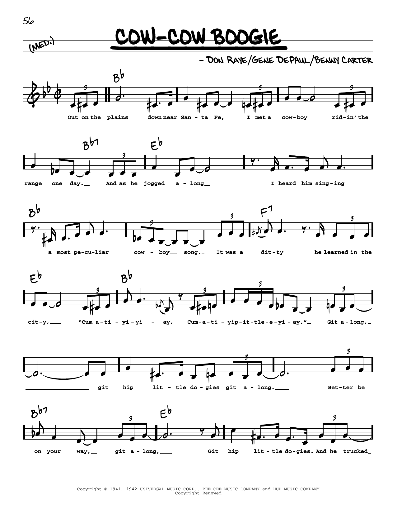 Download Freddie Slack & His Orchestra Cow-Cow Boogie (Low Voice) Sheet Music and learn how to play Real Book – Melody, Lyrics & Chords PDF digital score in minutes