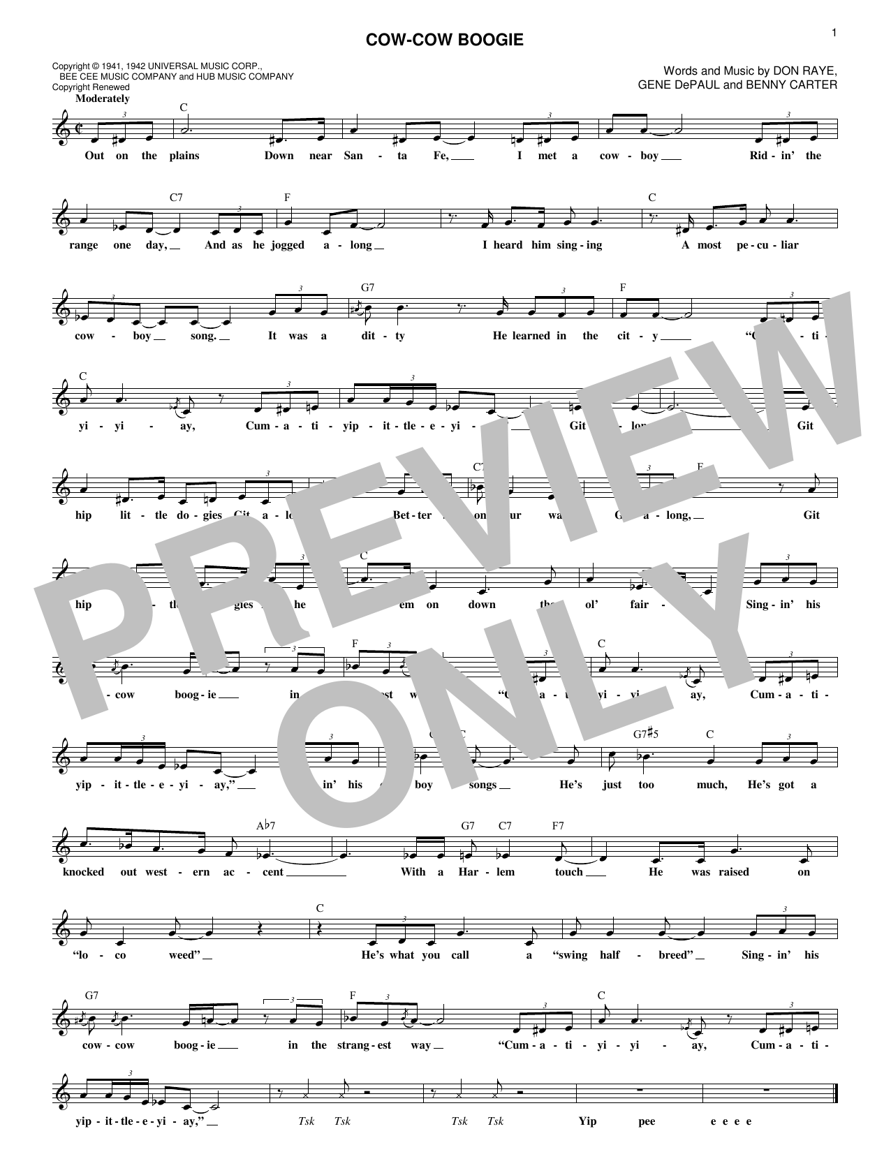 Download Freddie Slack & His Orchestra Cow-Cow Boogie Sheet Music and learn how to play Real Book – Melody & Chords PDF digital score in minutes
