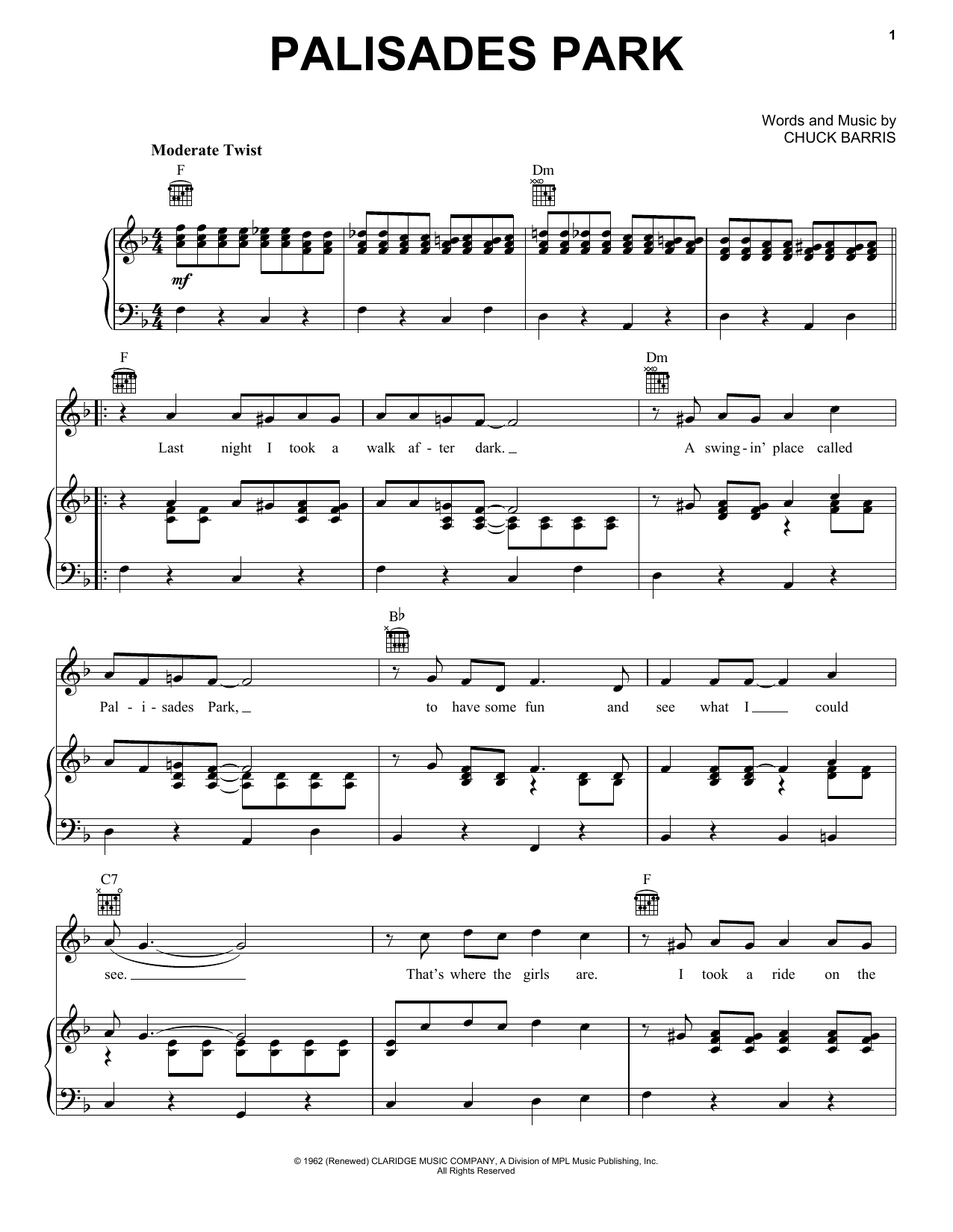 Download Freddy Cannon Palisades Park Sheet Music and learn how to play Piano, Vocal & Guitar Chords (Right-Hand Melody) PDF digital score in minutes