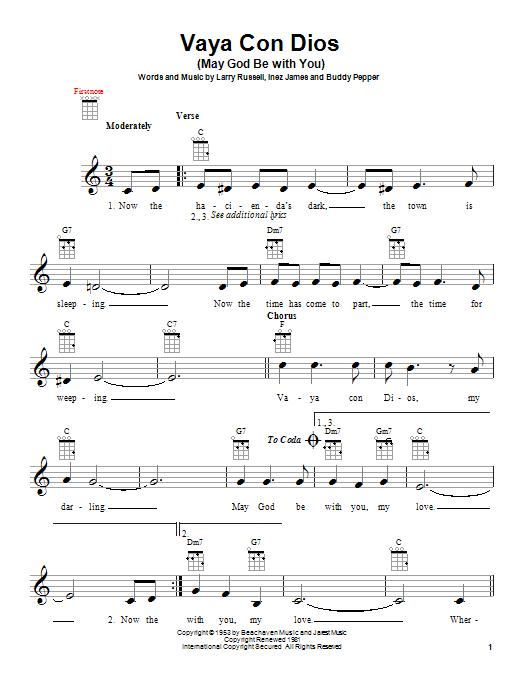 Download Freddy Fender Vaya Con Dios (May God Be With You) Sheet Music and learn how to play Ukulele PDF digital score in minutes
