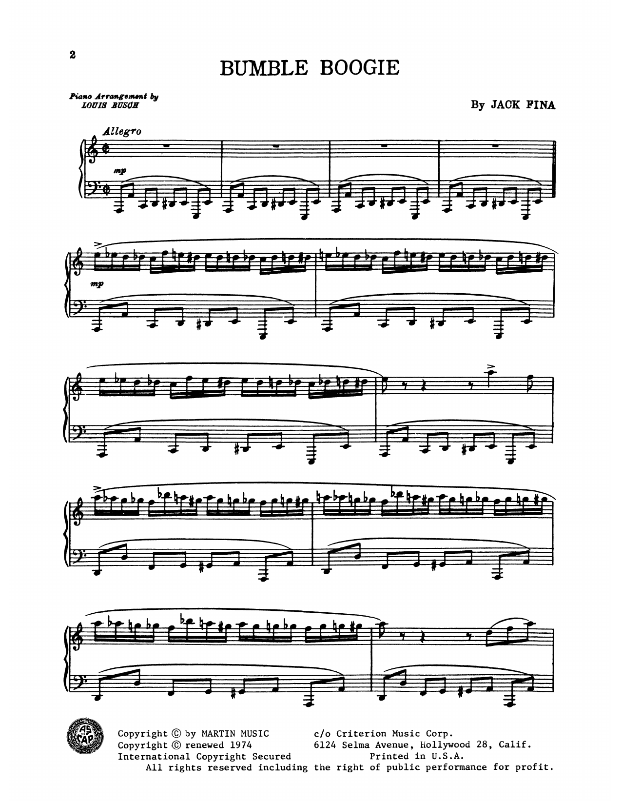 Download Freddy Martin and His Orchestra Bumble Boogie Sheet Music and learn how to play Piano Solo PDF digital score in minutes