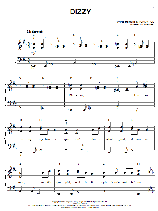 Download Freddy Weller Dizzy Sheet Music and learn how to play Piano, Vocal & Guitar (Right-Hand Melody) PDF digital score in minutes