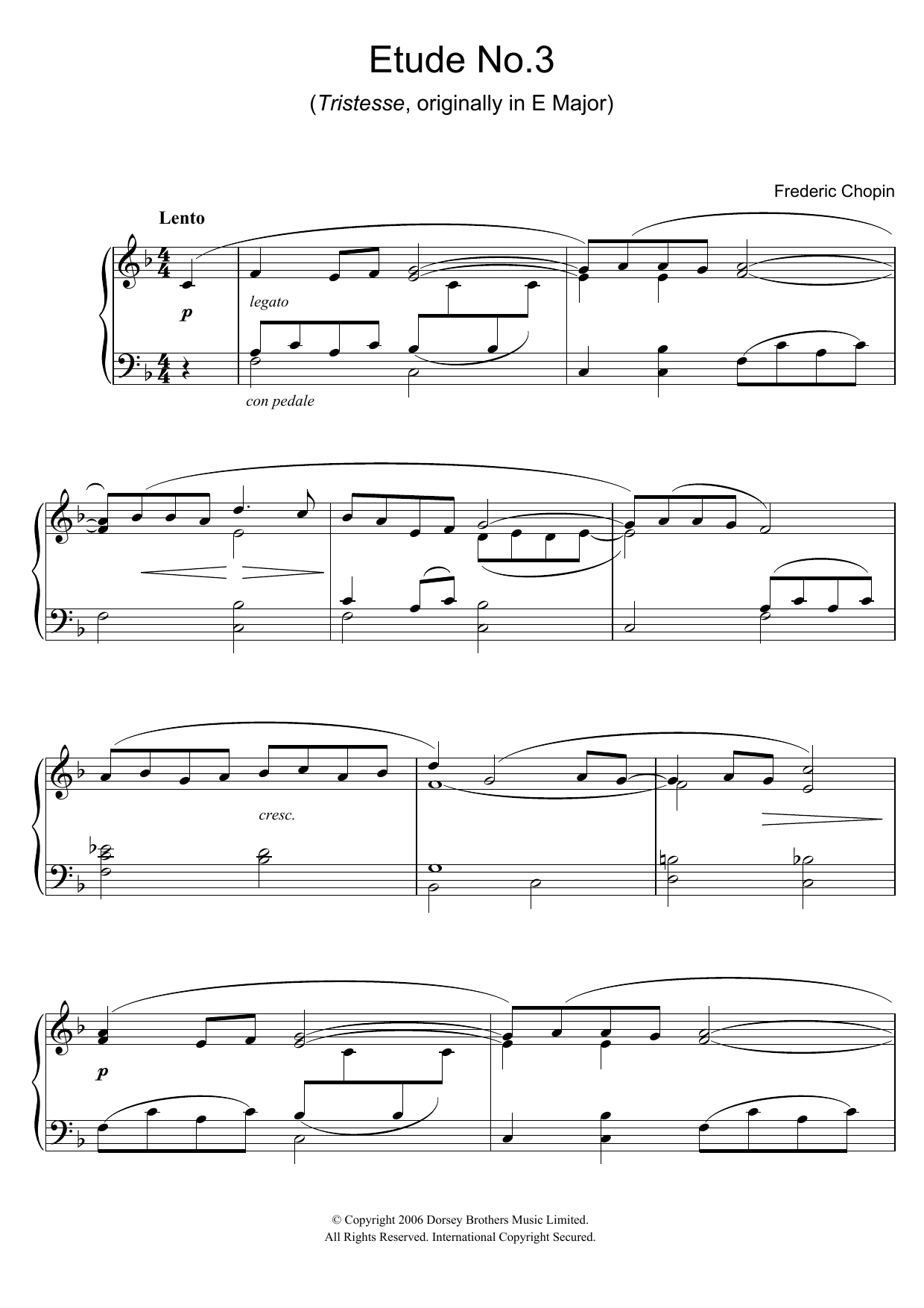 Download Frederic Chopin Etude in F Major, Op.10, No.3 (Tristesse) (originally E Major) Sheet Music and learn how to play Easy Piano PDF digital score in minutes