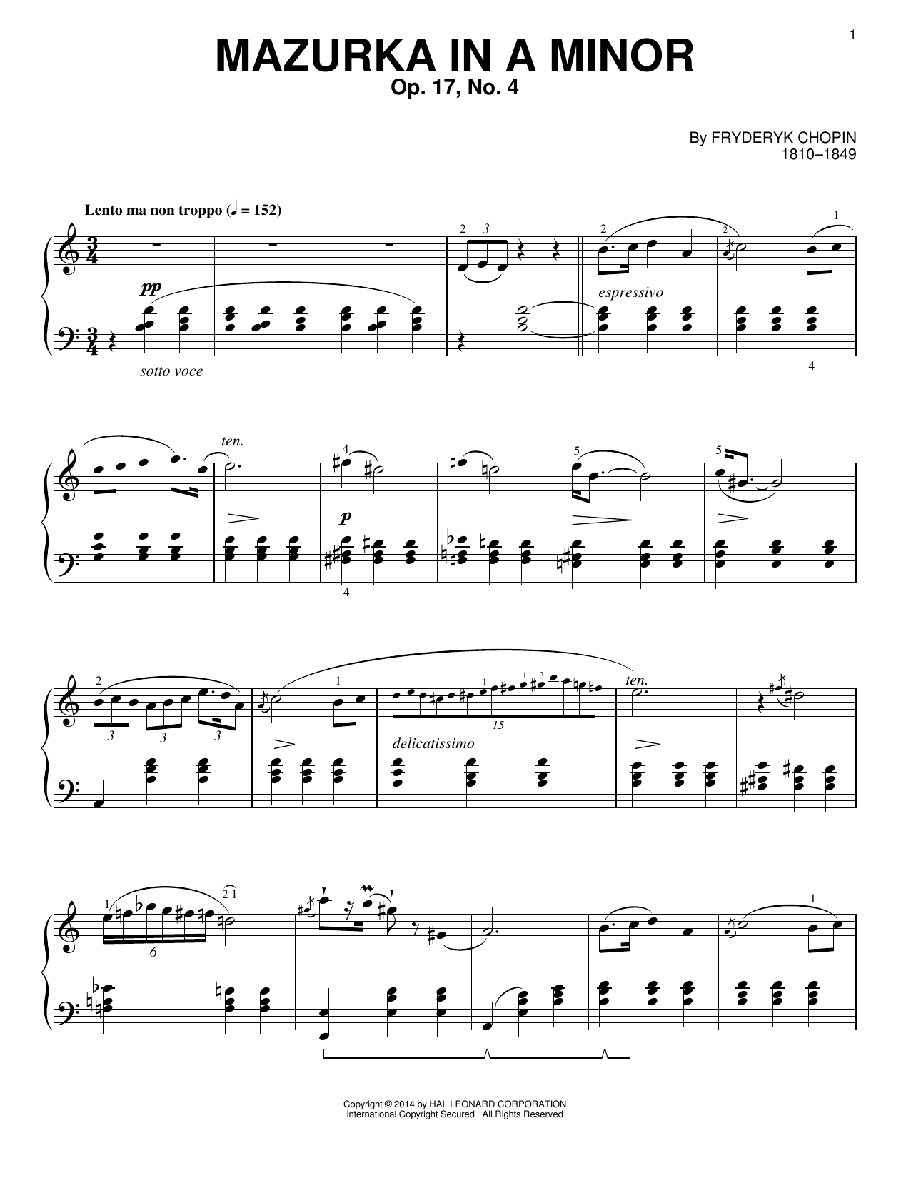 Download Frederic Chopin Mazurka In A Minor, Op. 17, No. 4 Sheet Music and learn how to play Piano PDF digital score in minutes