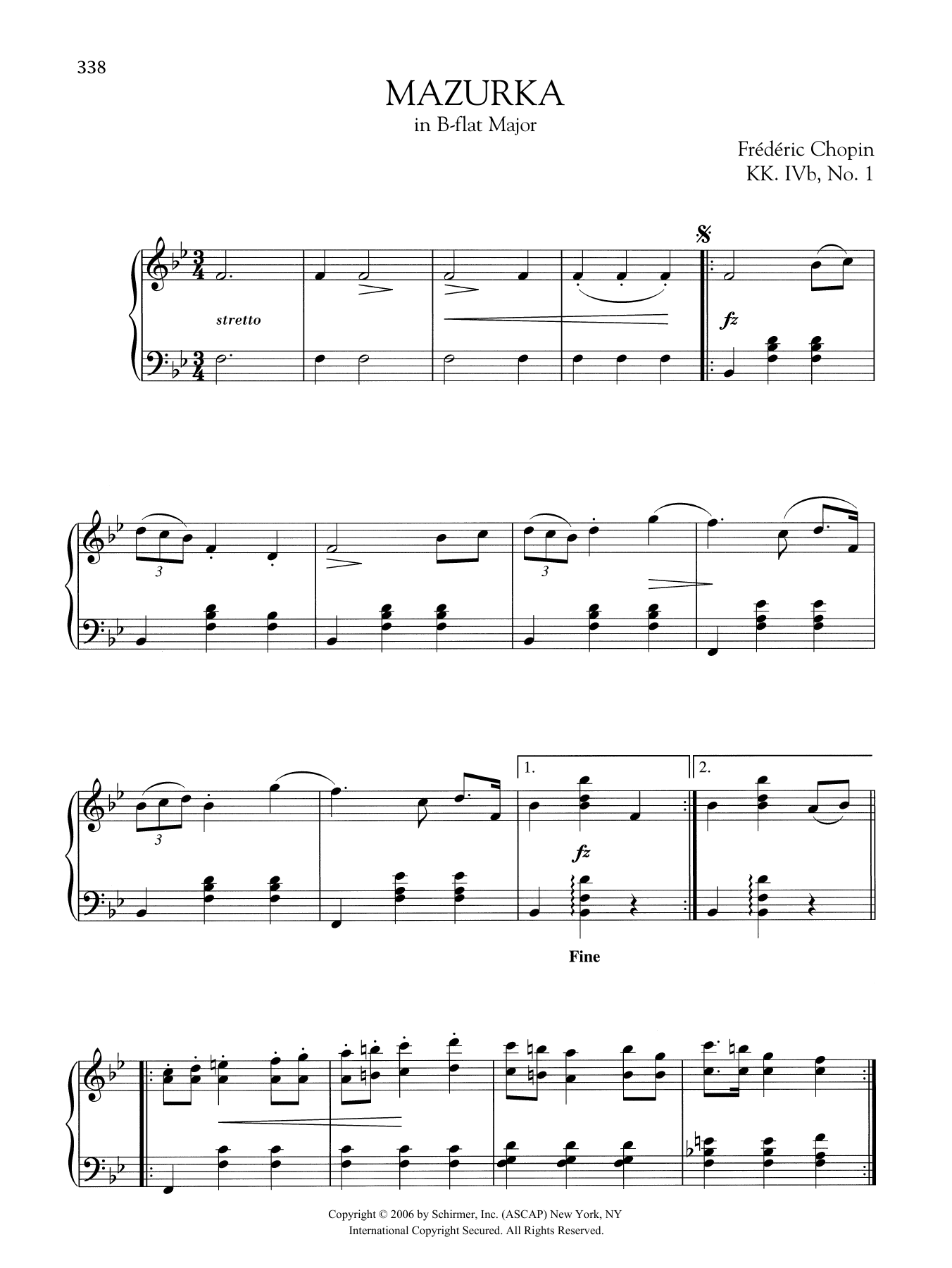 Download Frédéric Chopin Mazurka in B-flat Major, KK. IVb, No. 1 Sheet Music and learn how to play Piano Solo PDF digital score in minutes