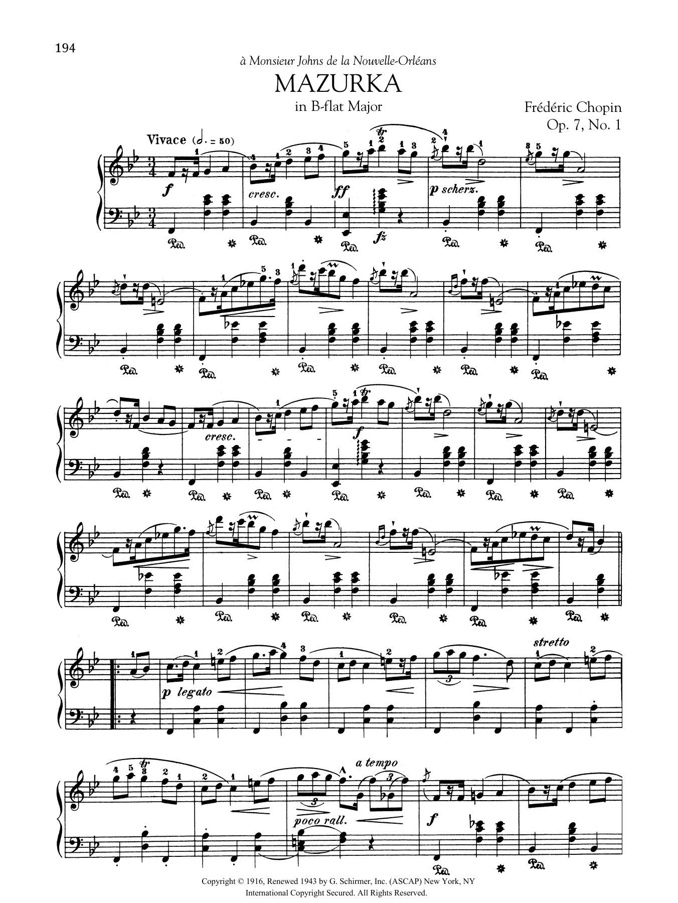 Download Frédéric Chopin Mazurka in B-flat Major, Op. 7, No. 1 Sheet Music and learn how to play Piano Solo PDF digital score in minutes